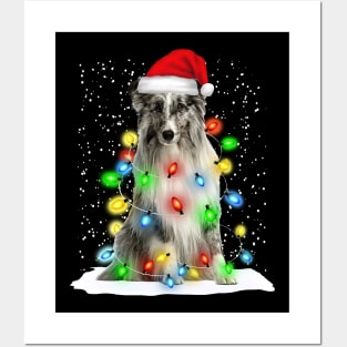 Shetland Sheepdog Christmas Santa Hat Xmas Tree Color Lights Posters and Art